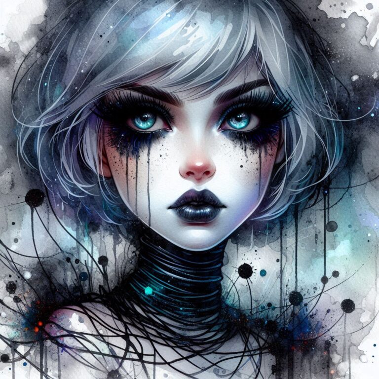 Gothic Woman with Blue Hair Wrapped in Black Wire