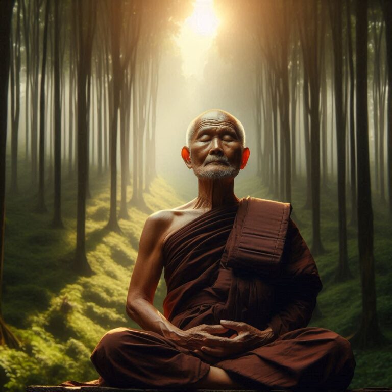 Monk Meditating Under Shady Tree in Morning Sunlight