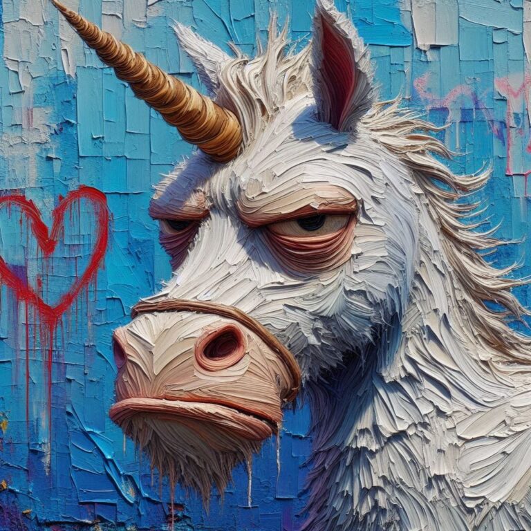 Grumpy Rainbow Unicorn Impasto Painting by Graffiti Wall