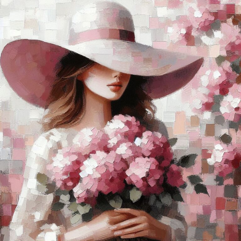 Lady in Wide-Brimmed Hat Holding Pink Flower Bouquet