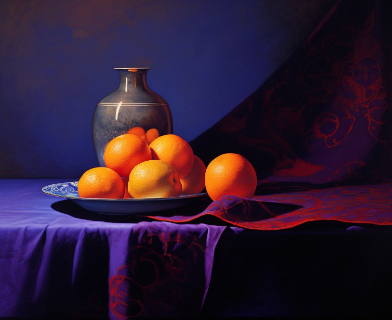 Moody Still Life of Oranges on Purple Table with Vessels