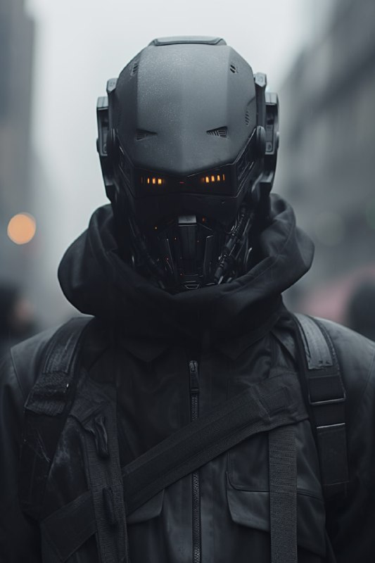 Matte Black Robot Head in Dystopian Street Movie Still