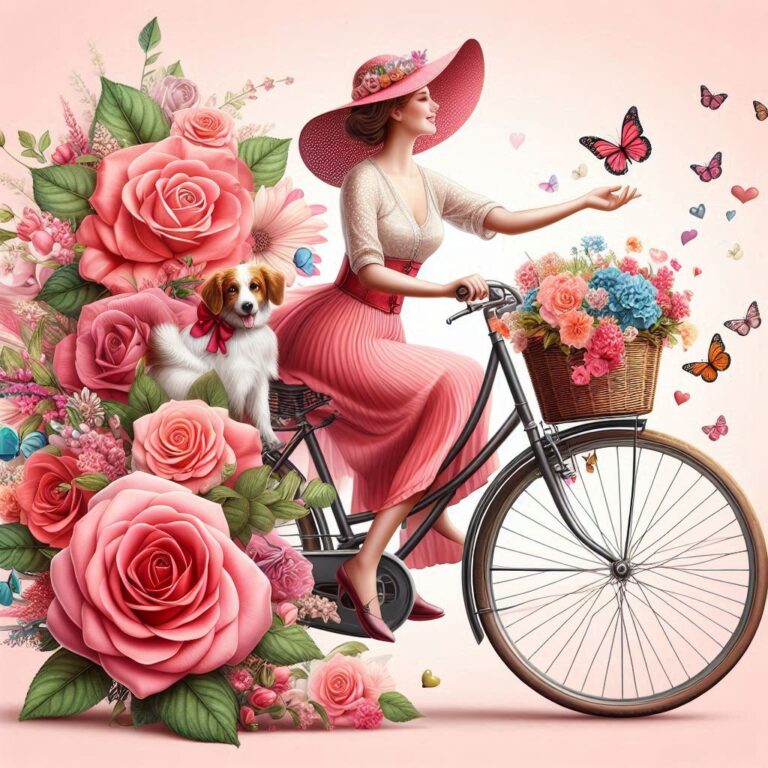Lady Cycling with Flower Basket Dog and Heart Trail