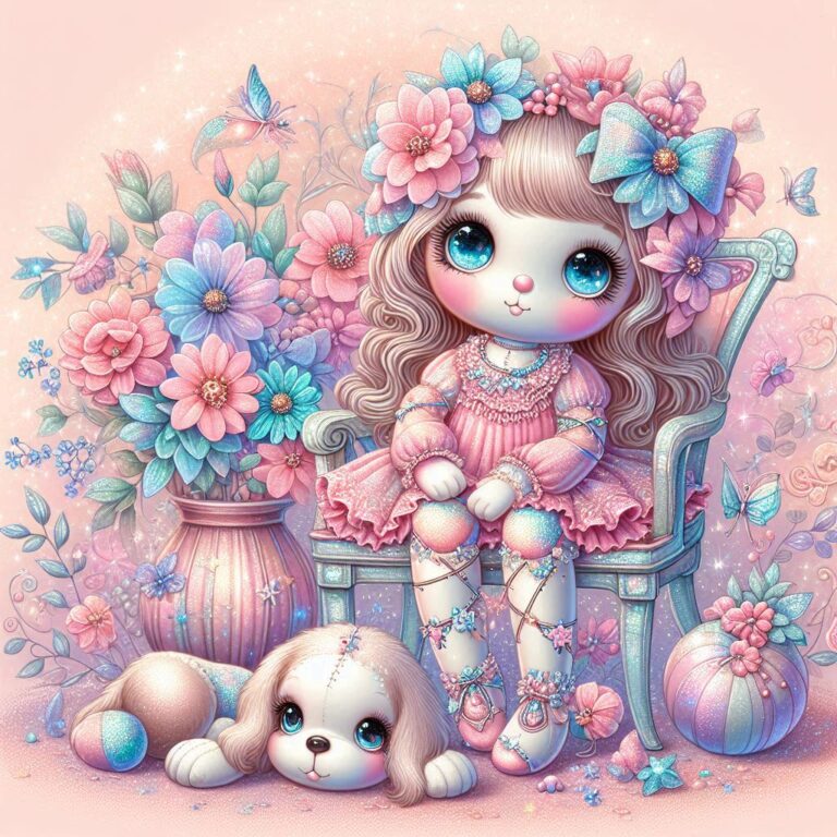 Pastel Vector Rag Doll and Puppy in Flowered Garden