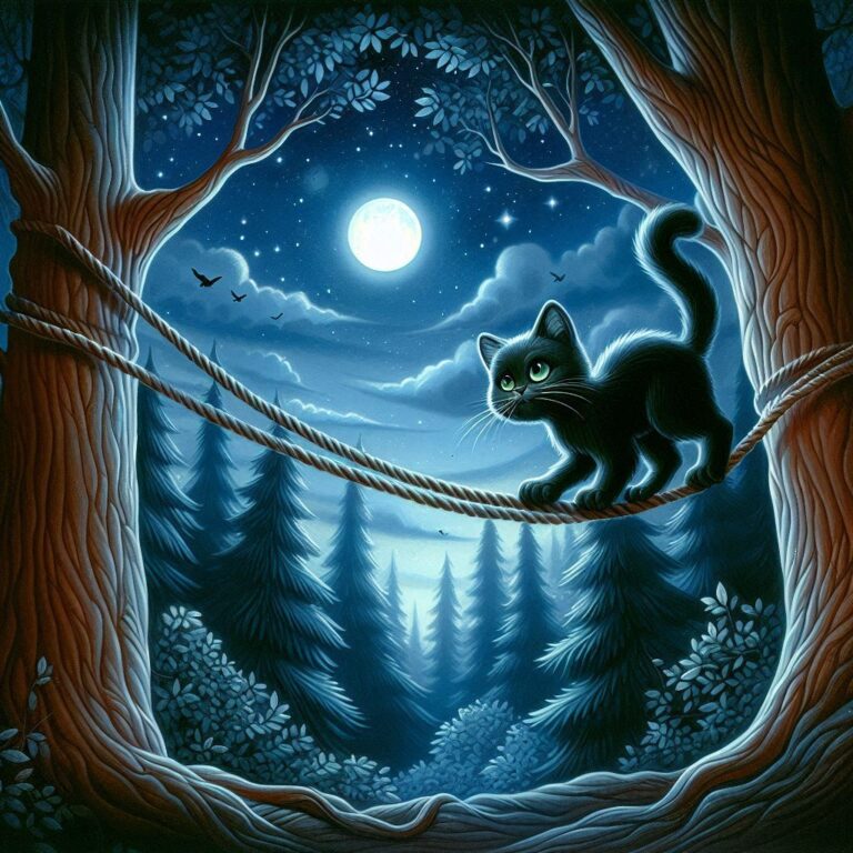 Mysterious Black Cat on Tightrope Illustration