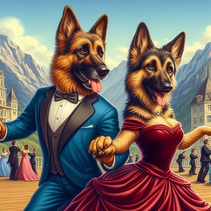 Anthropomorphic German Shepherd Couple Dancing at Ball
