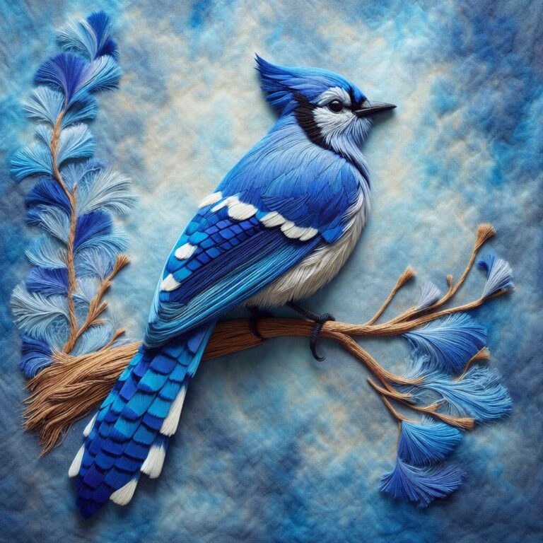 Blue Jay Made of Blue Silk Fibers on Mottled Backdrop