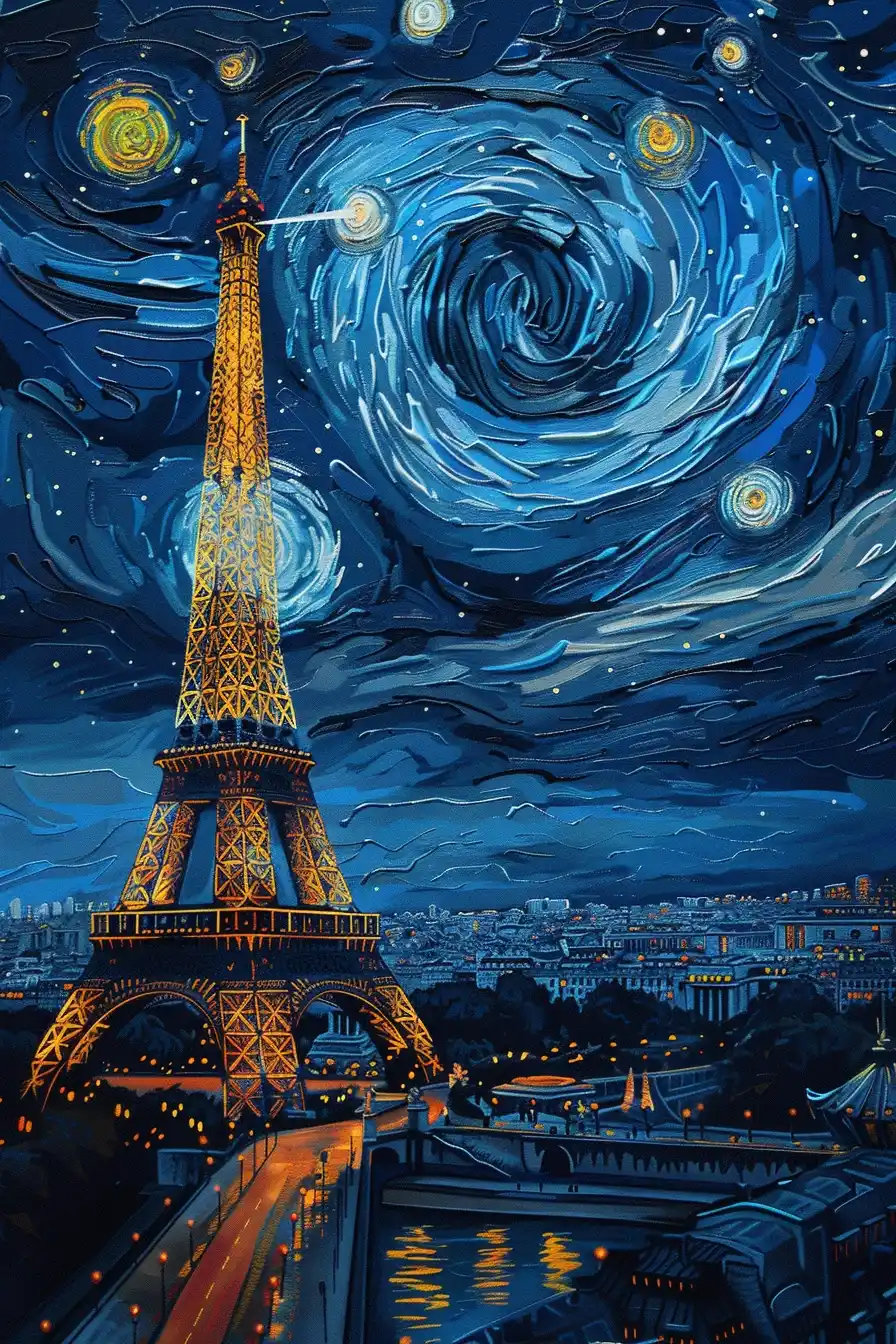 Realistic Eiffel Tower Van Gogh Sky