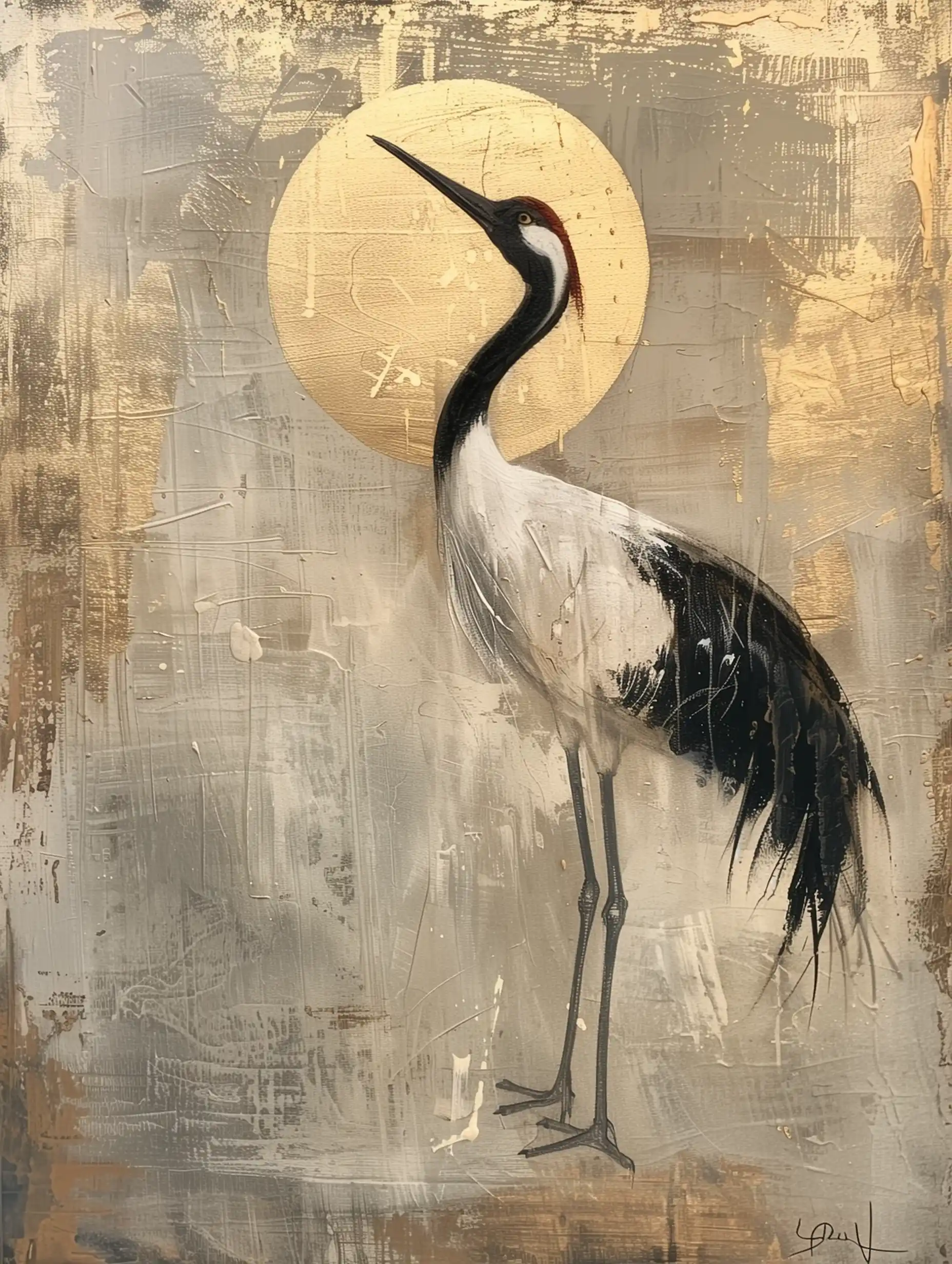 Japandi Crane Oil Painting