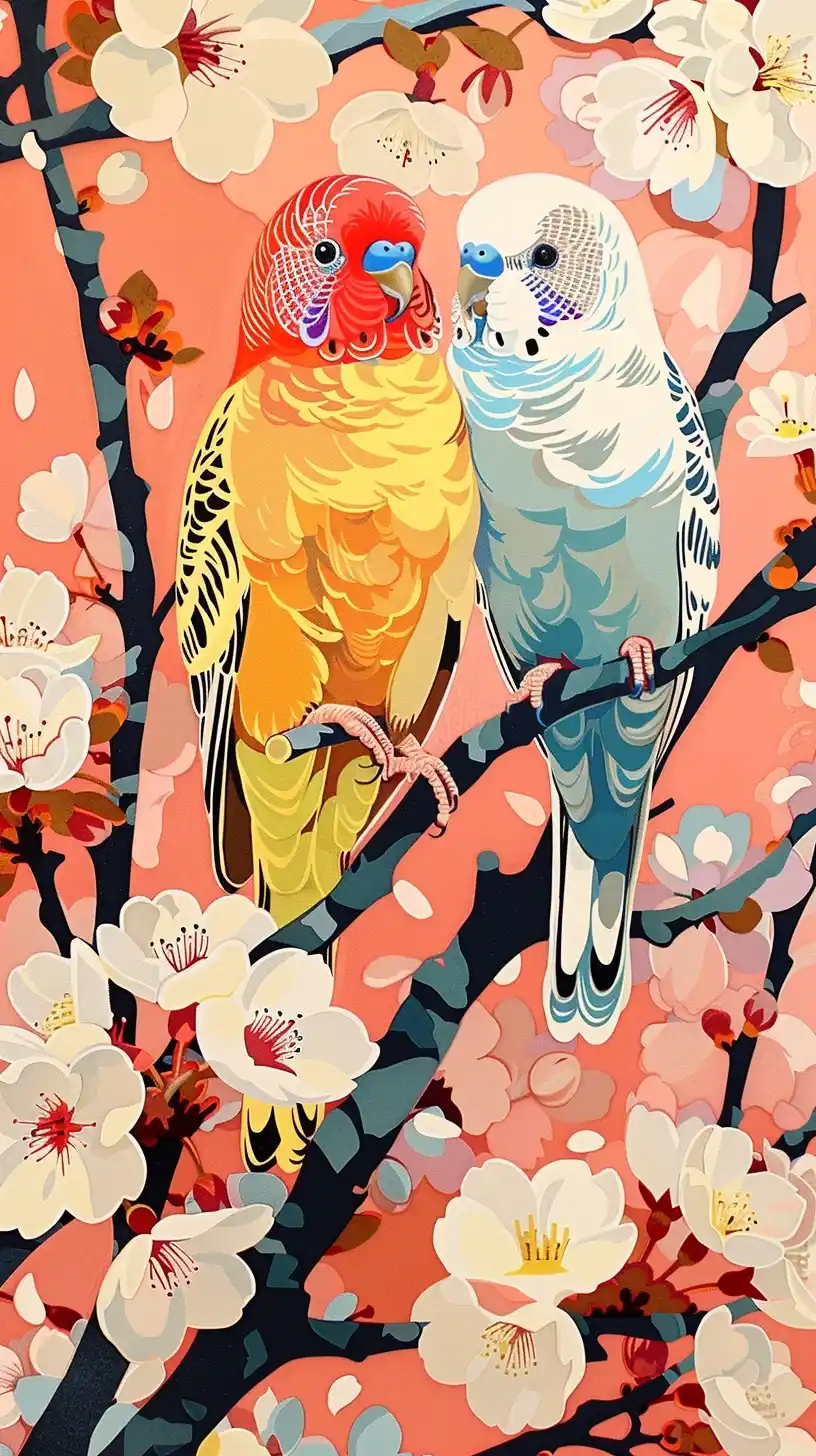 Colorful Budgies in Sakura