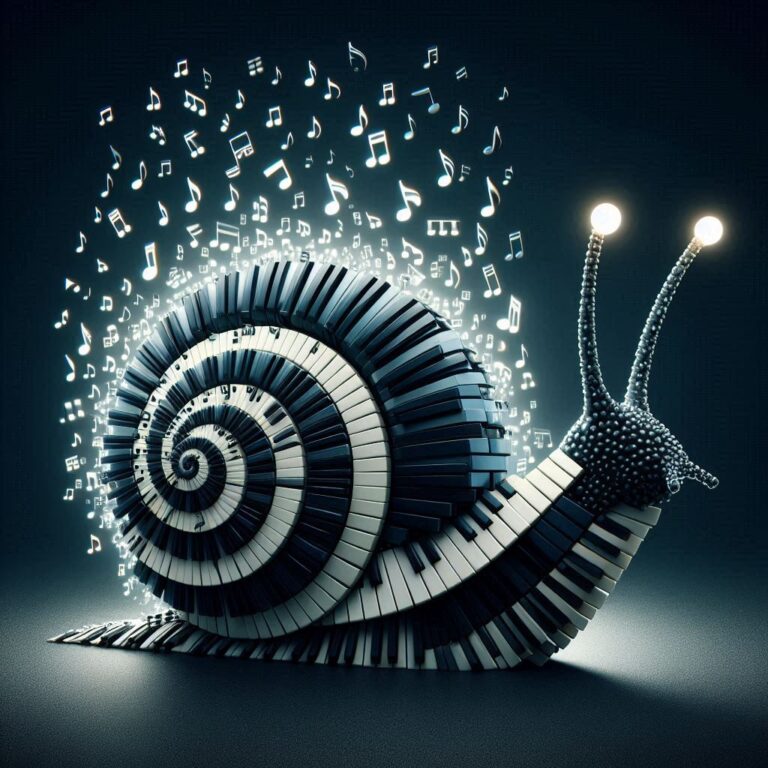 Piano Key Snail Shell with Glowing Floating Music Notes