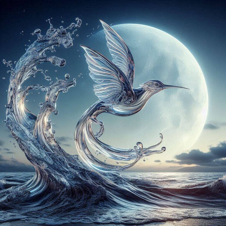 Ocean Wave Forming Transparent Hummingbird in Moonlight