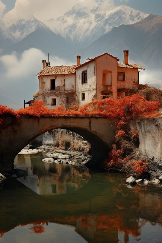 Mountain House and Bridge in Moody Realist Painting