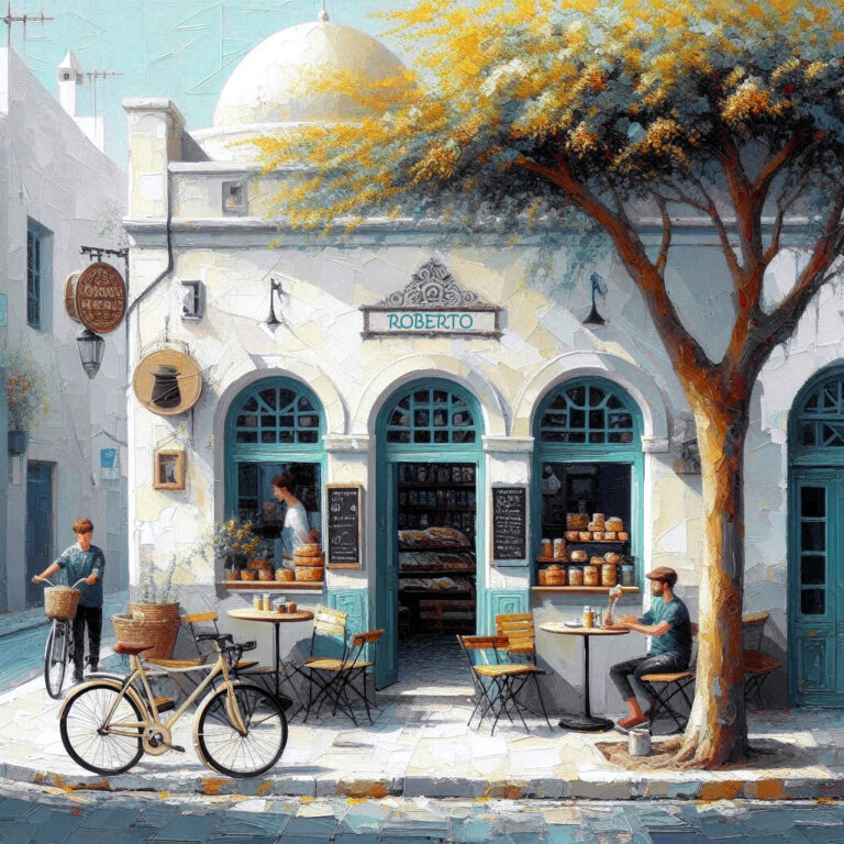 Minimalist Oil Painting of Corner Bakery with Acacia Tree