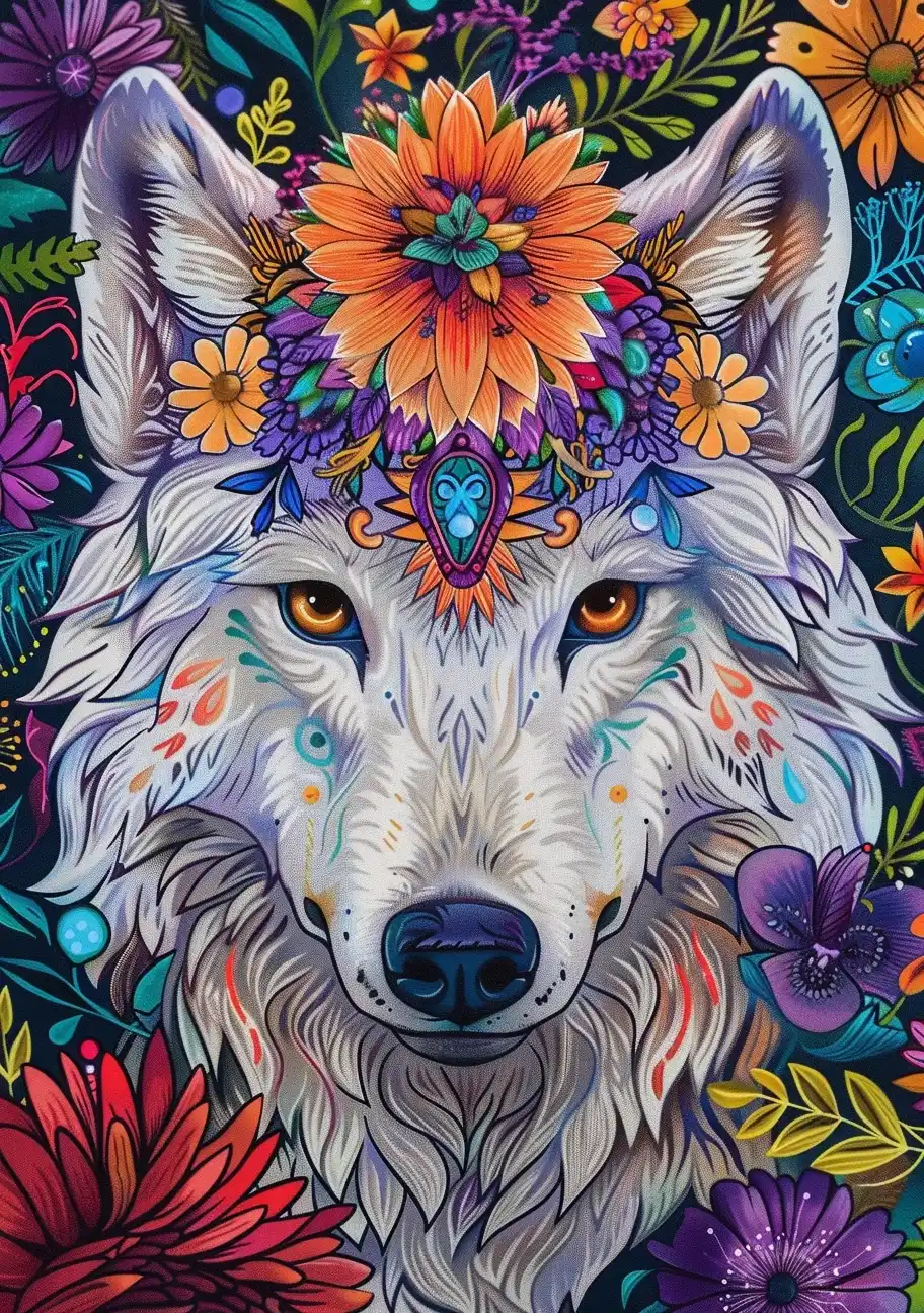 Colorful Wolf with Flowers