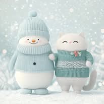 Kawaii Snowman with Cat Companion