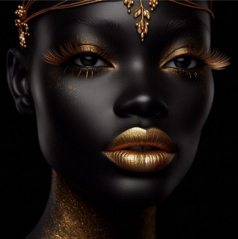African Woman with Gold Painted Lips and Golden Lashes