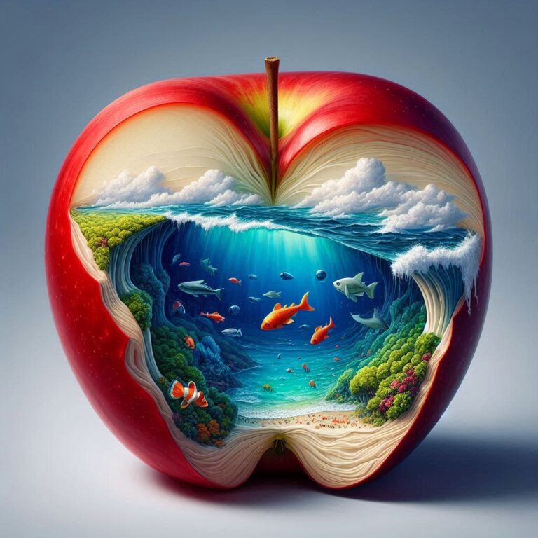 Cutaway Apple Oil Painting with Ocean Inside