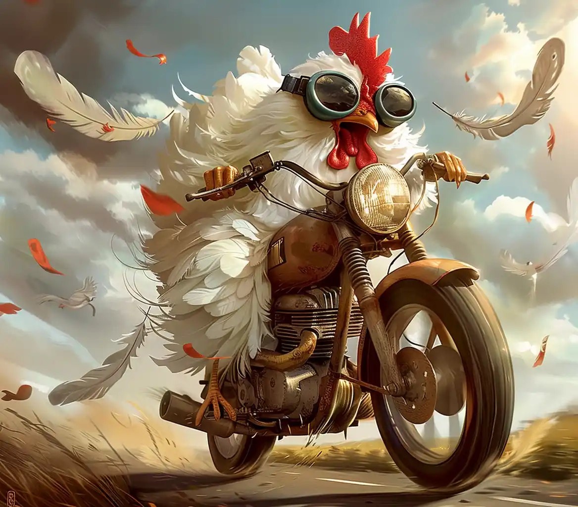 Whimsical Chicken on Motorcycle