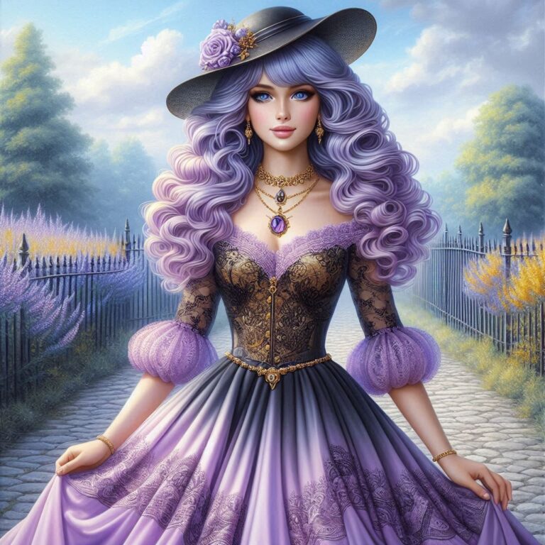 Lilac Ringlet Woman in Gold and Black Tiered Ombre Gown