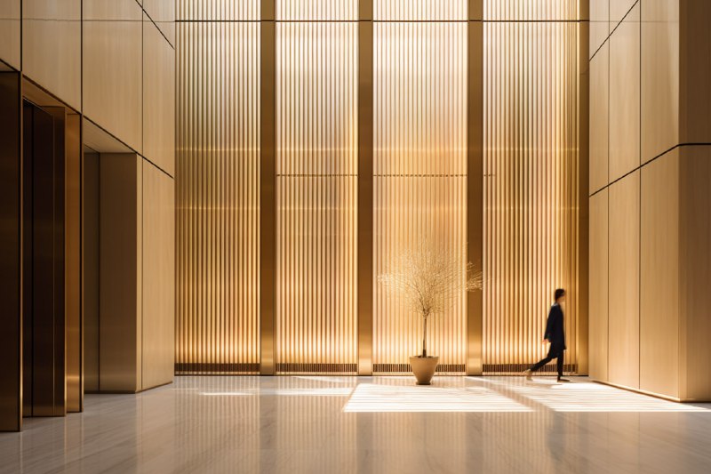 Elegant Bronze and Amber Office Lobby with Walking People