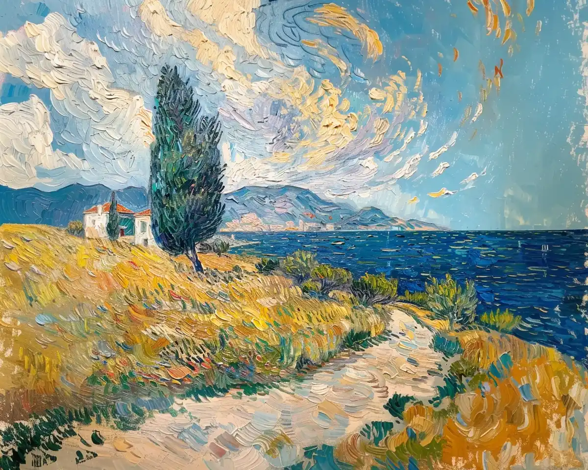 Vintage Coastal Landscape in Van Gogh Style
