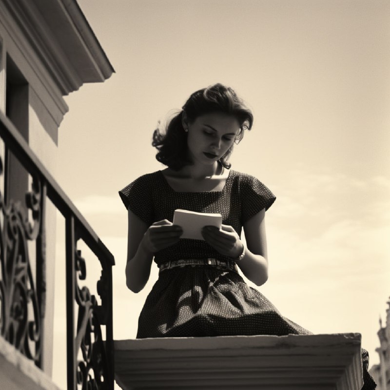 Black and White Portrait of Lady on Balcony with Phone