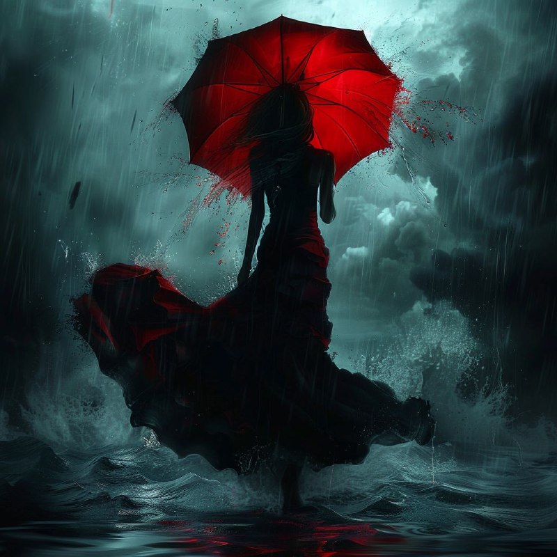 Mysterious Woman in Black Dress with Red Umbrella in Rain