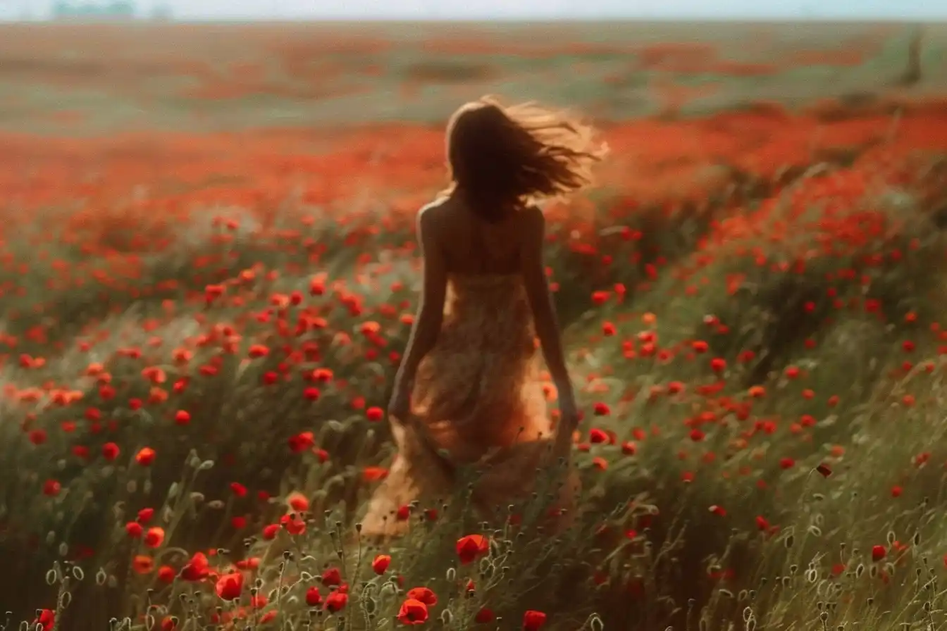 Brown-Haired Girl in Poppy Field