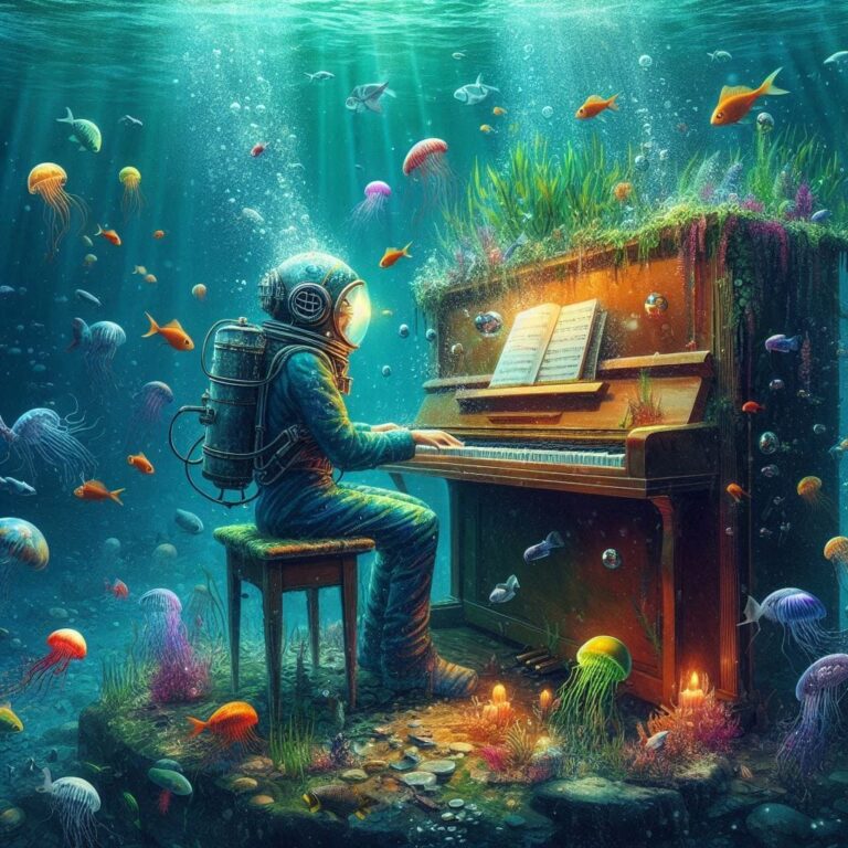 Snorkel Woman Playing Piano on Seabed Watercolor Scene