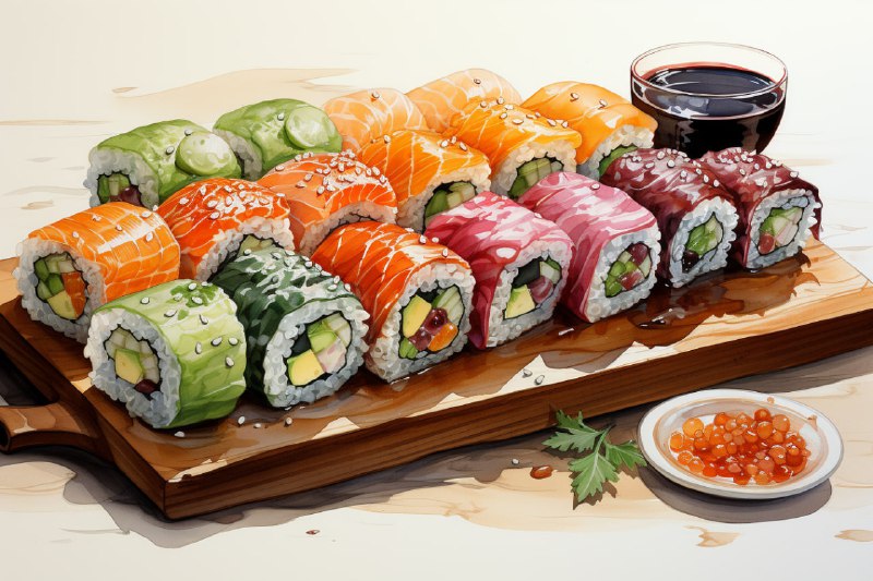 Watercolor Sushi Clipart Collection on White Background