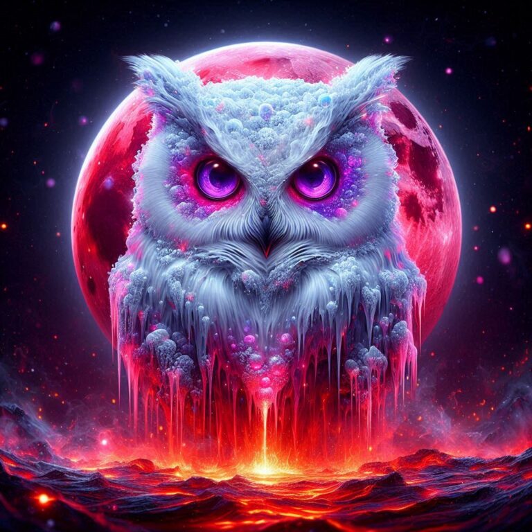 Ice-Formed White Owl with Purple Eyes Under Fiery Red Moon