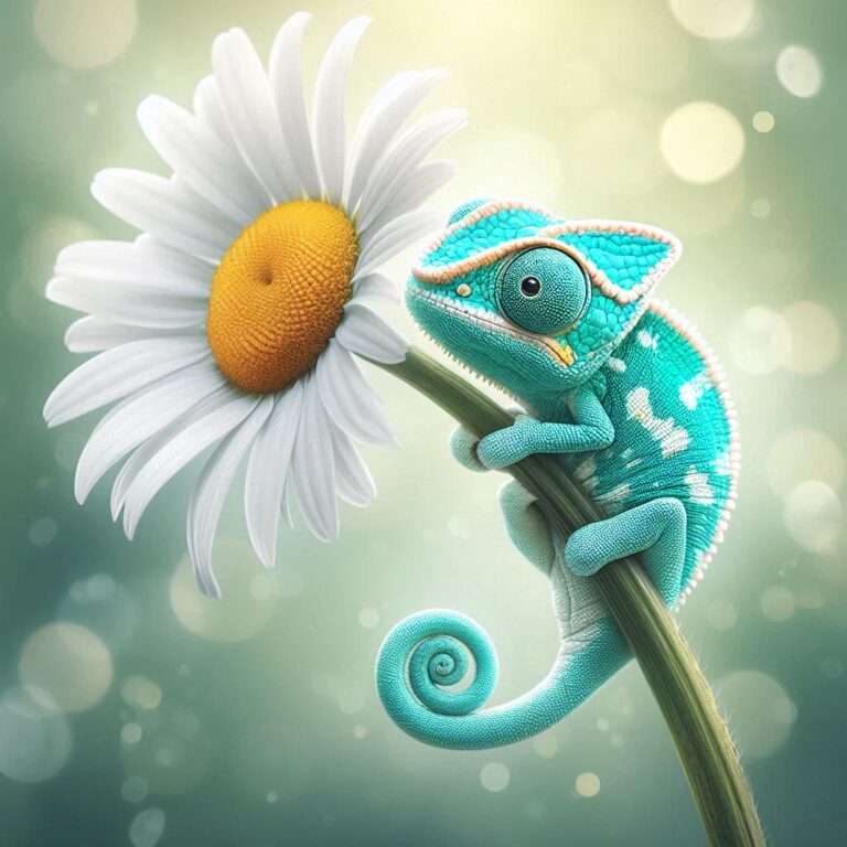 Baby Teal Chameleon Holding Daisy Parasol Illustration