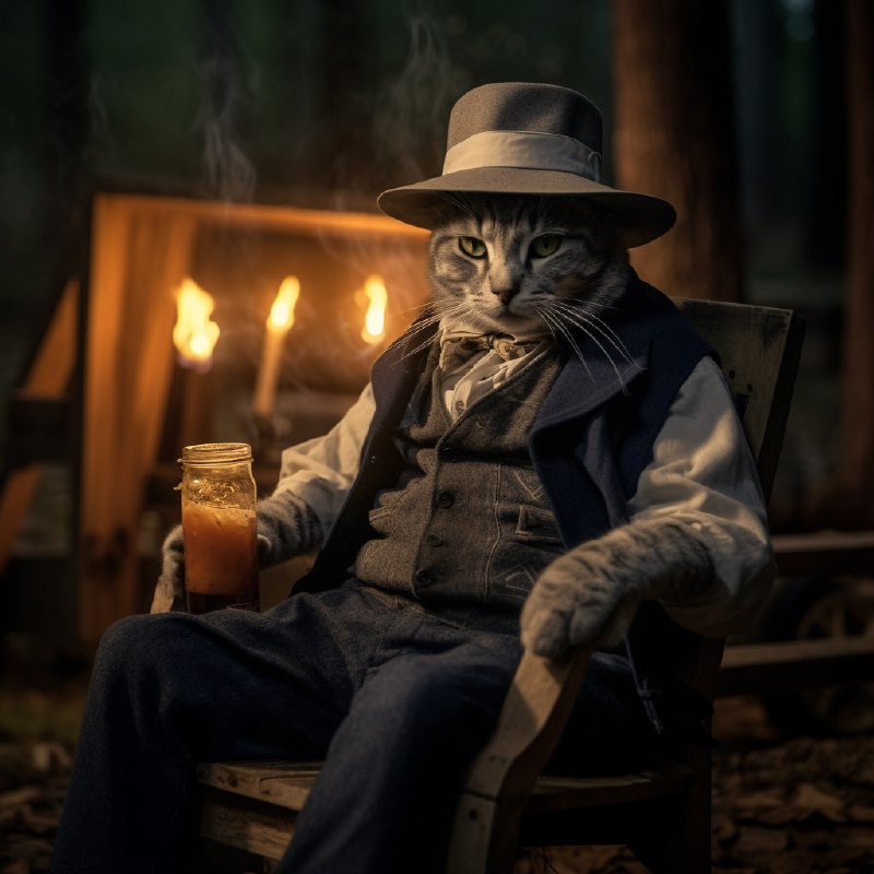 Black Cat Cowboy with Whiskey by Campfire in the Woods