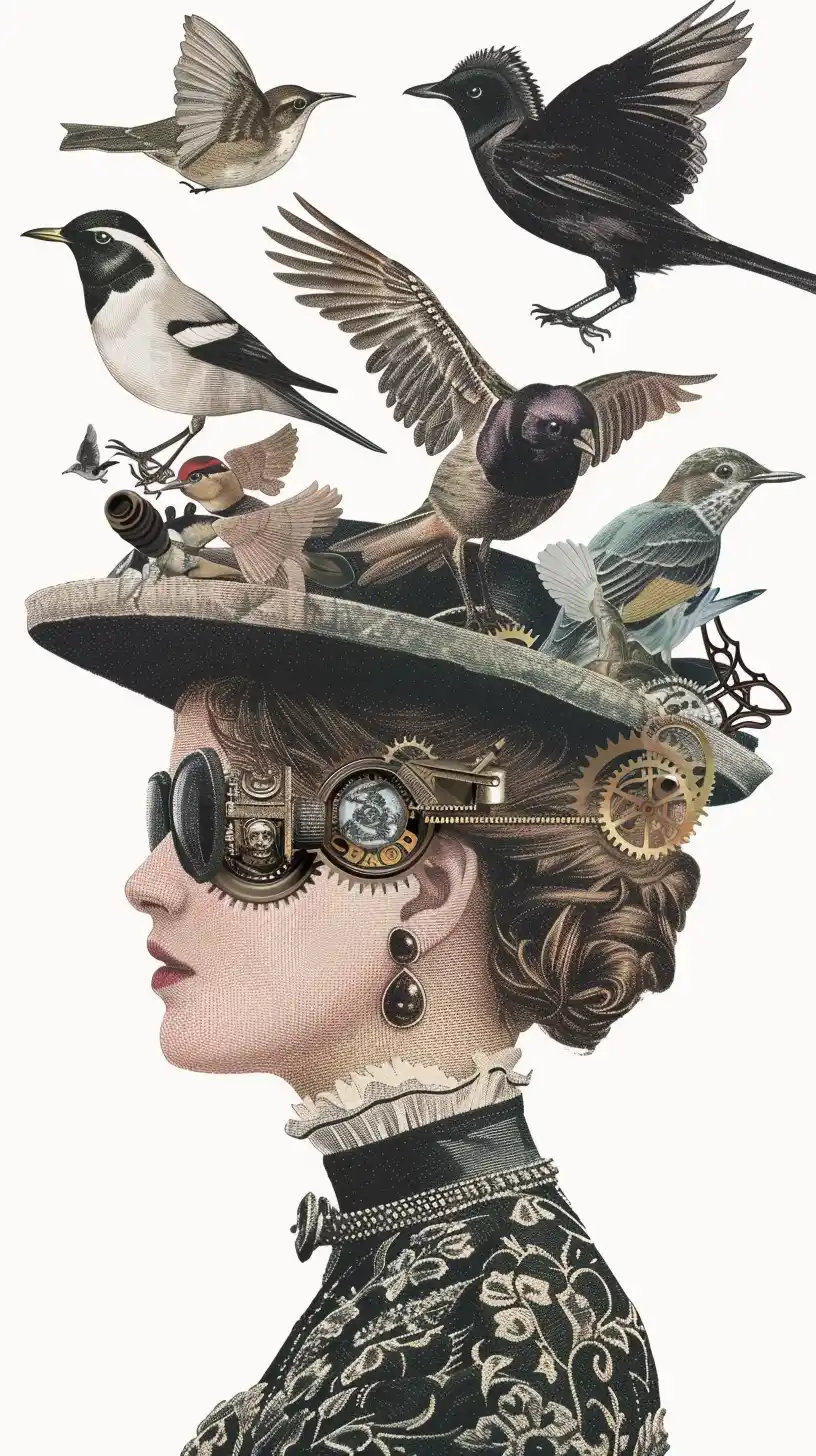 Steampunk Collage Birds White