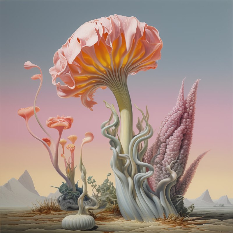 Alien Plant with Fish Skin in Surreal Oil Landscape