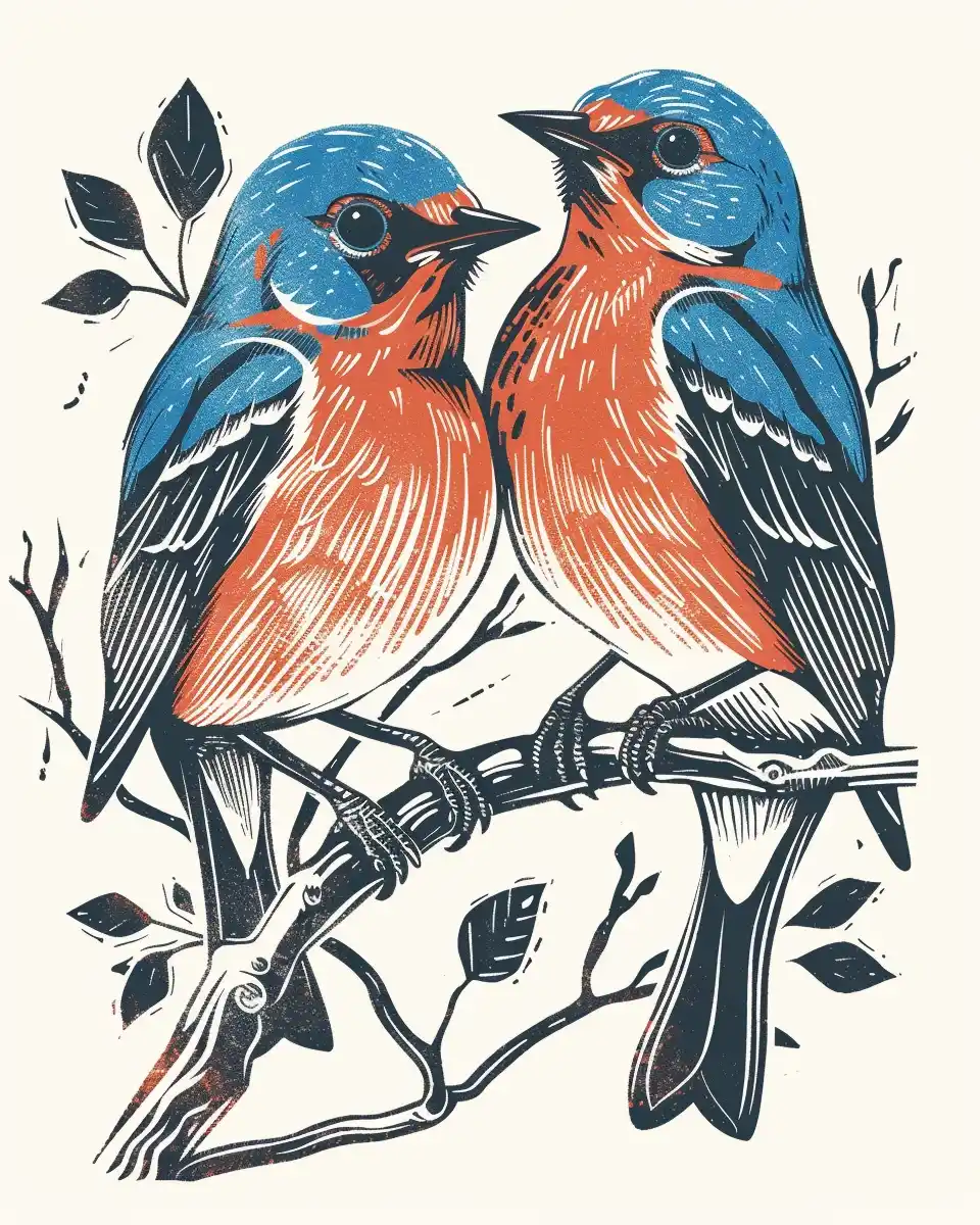 Linocut Bluebirds on White