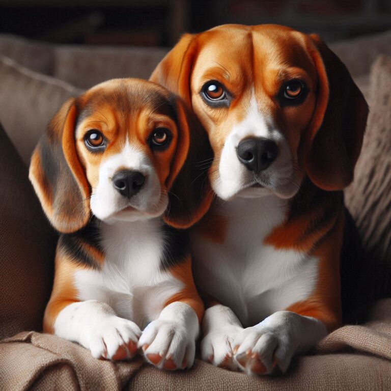 Two Brown-Eyed Beagles Cuddling on Couch Warm Portrait