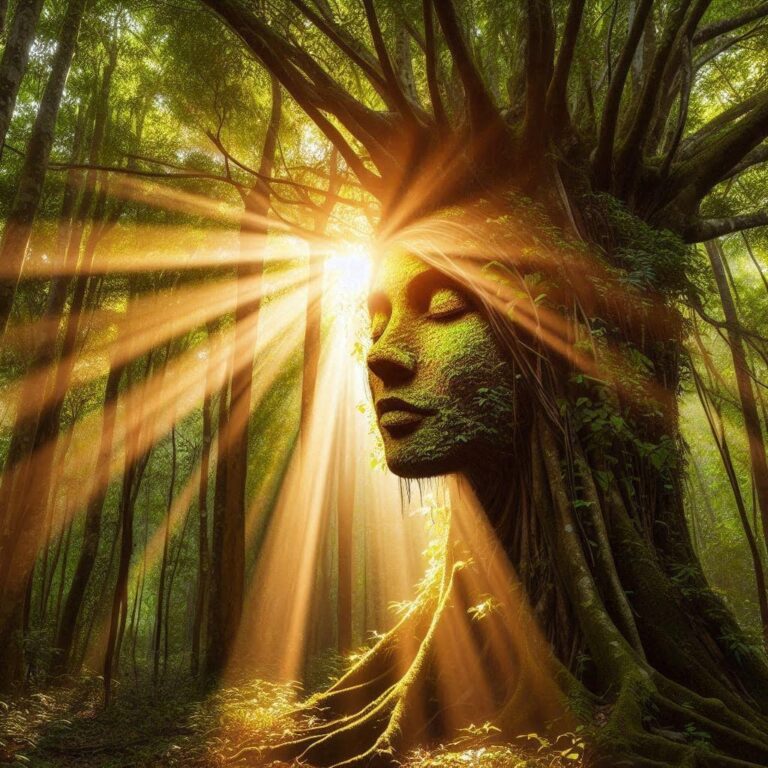 Tree Shaped as Woman's Face Lit by Sunlight Rays