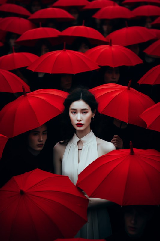 Girl in White Amid Crowd of Red Umbrellas Dark Academia
