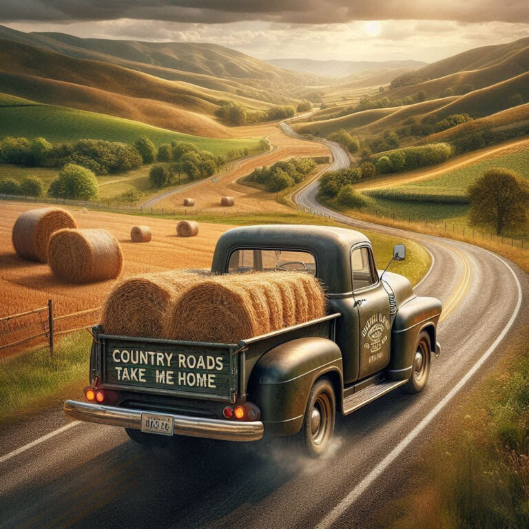 Old Truck with Hay Bales on Country Road 3D Scene