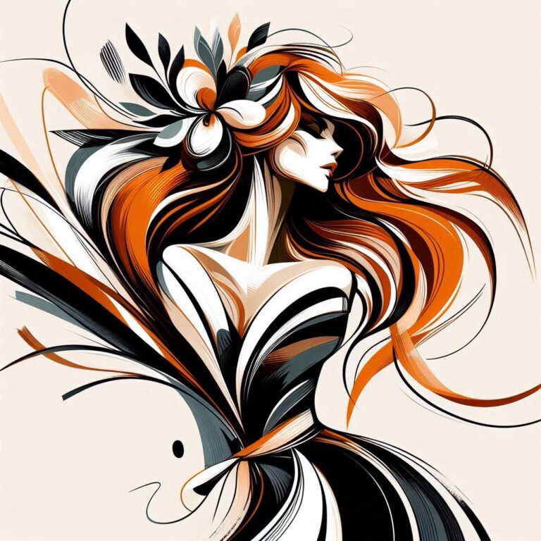 Expressive Woman with Flowing Orange Hair Abstract Art