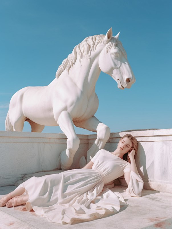 Girl in White Lying Beneath Antique White Horse Statue