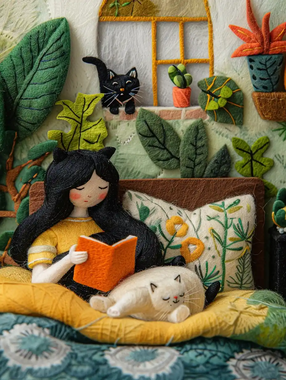 Felt Girl with Cats