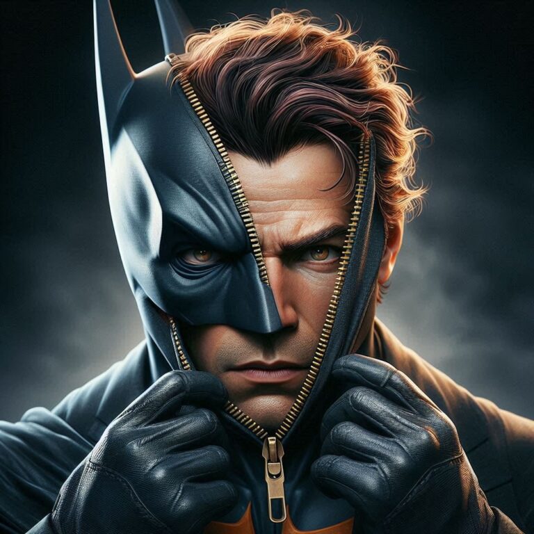 Batman Unzipping Mask to Reveal Bruce Wayne Photograph