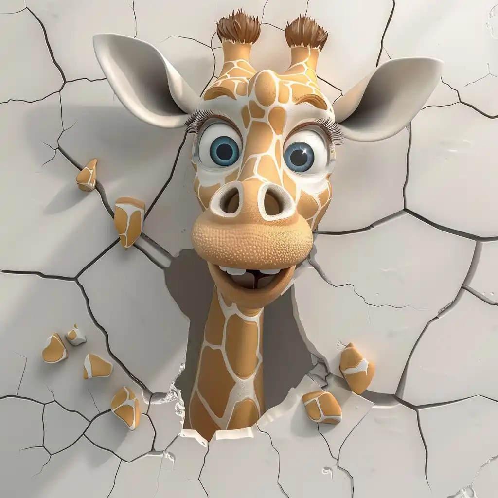 3D Giraffe Emerging Cracked Wall