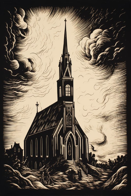 Burning Church Linocut Print in Black and White