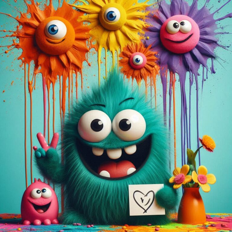 Fuzzy Friendly Monster Posing with Flowers and Color Splash