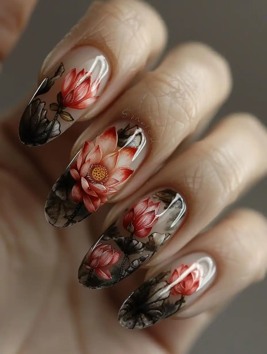 Photorealistic Lotus Nail Art