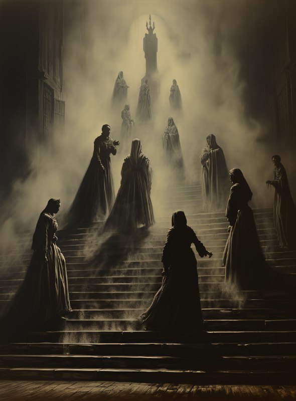 Men Descending Grand Stairs in Fog Somber Monochrome